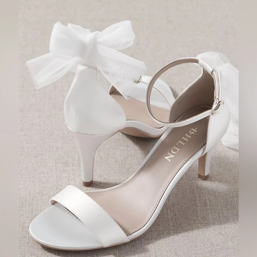 BHLDN White Satin Bow Ankle Strap Heels
